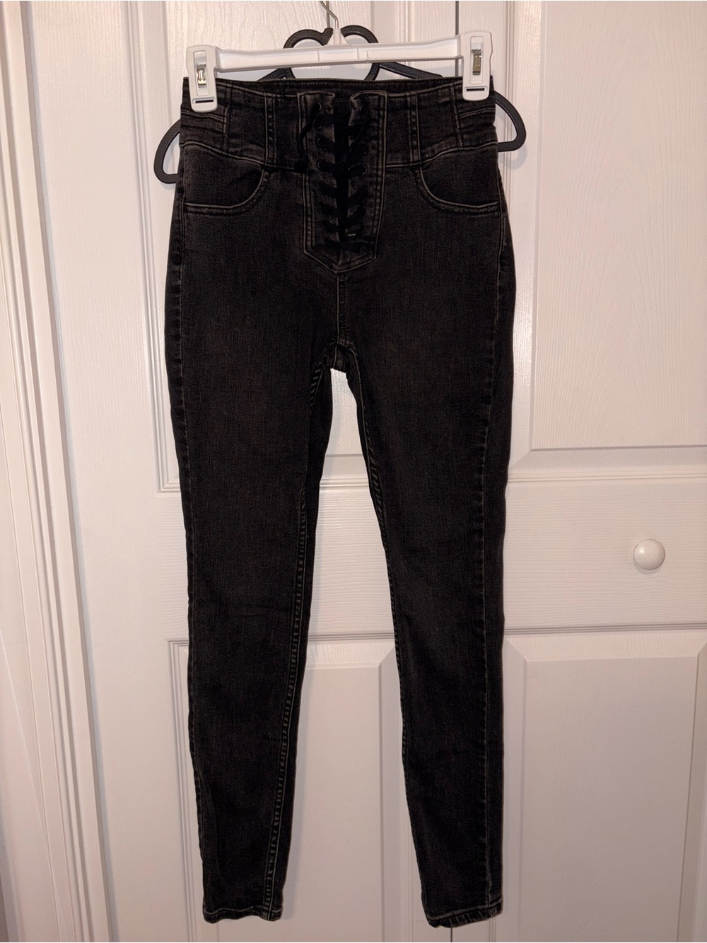 Free People High-Waisted Black Women's Jeans with Lace-Up Front